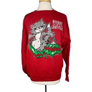 Vintage 80s 90s Christmas Cat Sweatshirt Large Unisex Made in USA Puff Paint